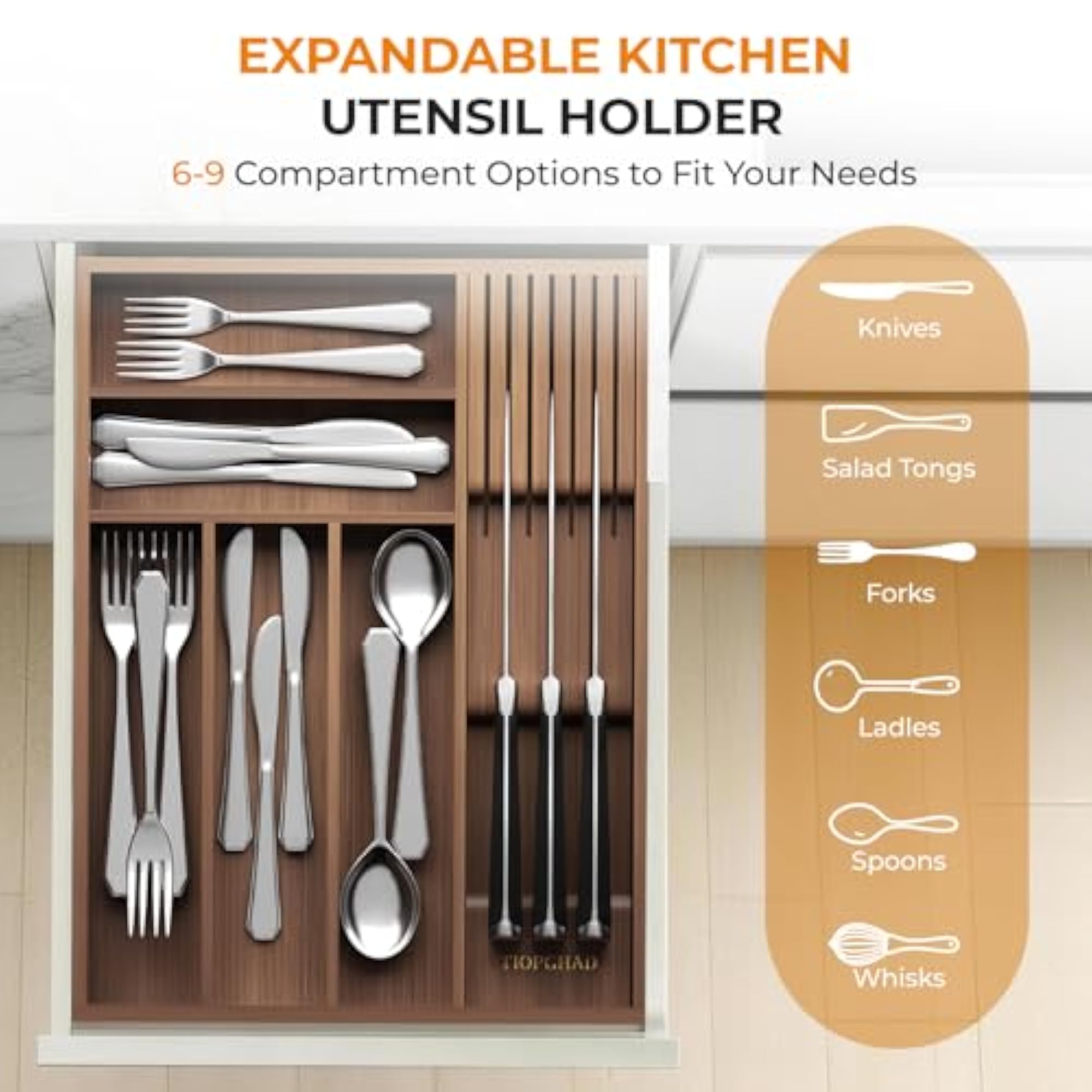 Small Bamboo Silverware Drawer Organizer, Expandable Kitchen Cutlery Tray